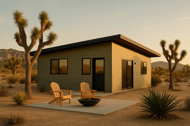 Joshua Tree town 2BR mid-century modern desert STR cabin exterior